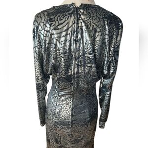 Vintage Susan Roselli Lustrous black silver Multicolor foil  party dress Sz 10